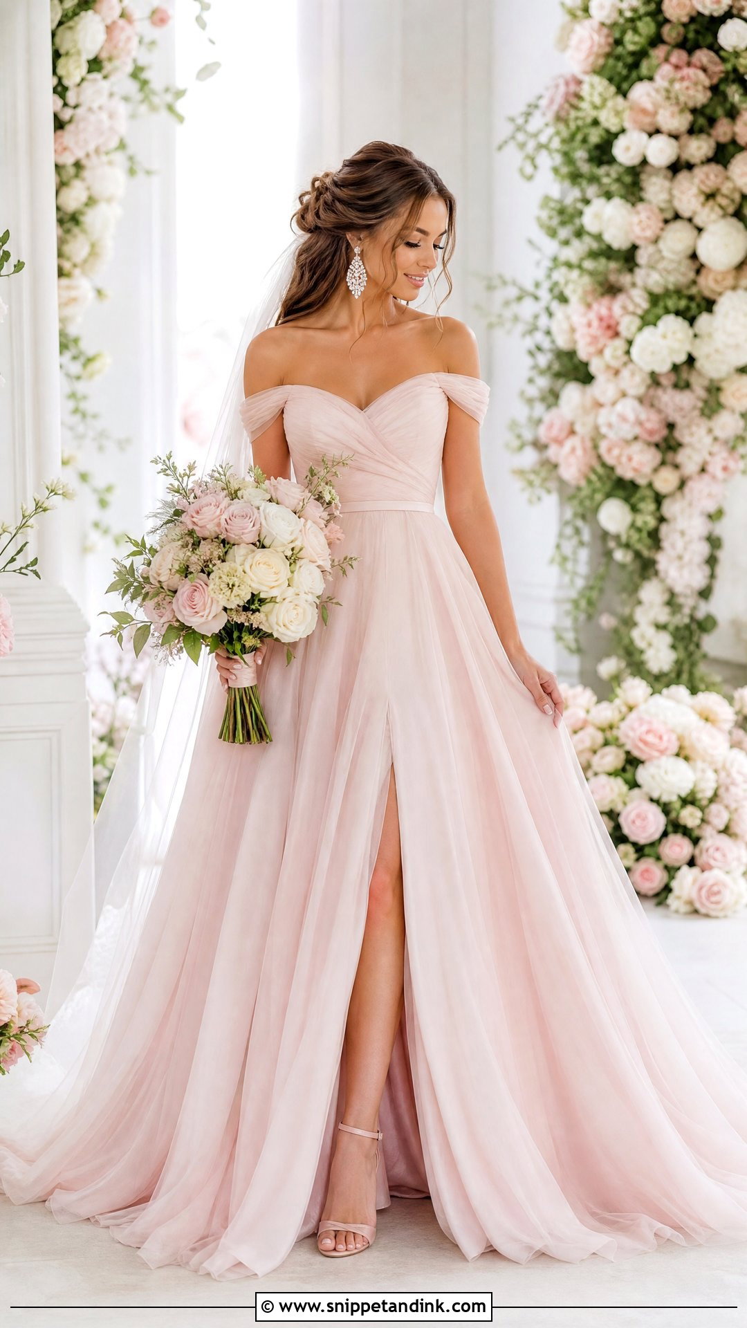 Soft Pink Off Shoulder Wedding Dress - Snippet and Ink - 25 Soft Pink Wedding Dress Ideas