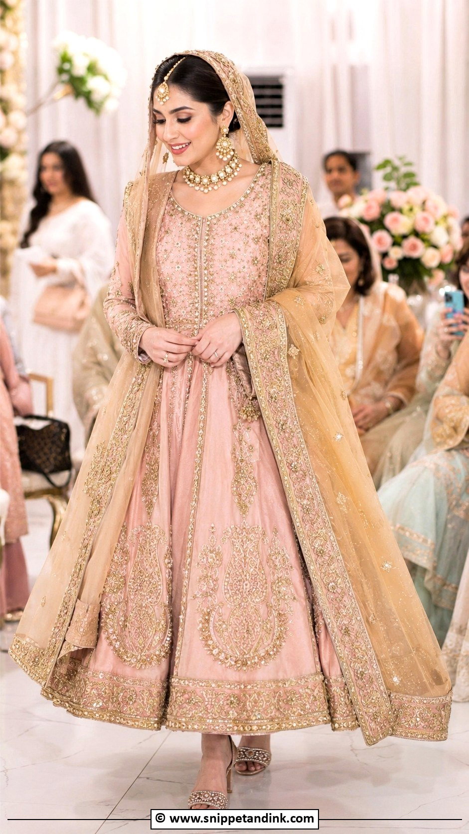 Soft Pink Pishwas With Gold Dupatta - Snippet and Ink - 30 Pakistani Nikkah Dress Ideas