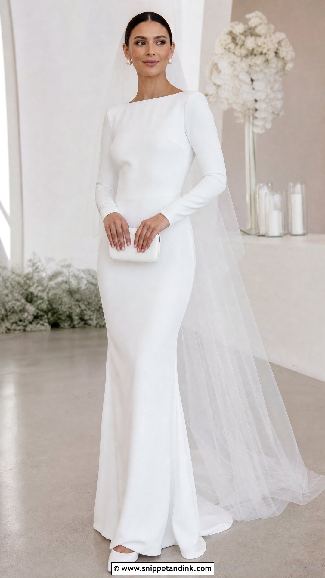 Solid White Long Sleeve Crepe Wedding Dress - Snippet and Ink - 20 Solid White Wedding Dress Ideas