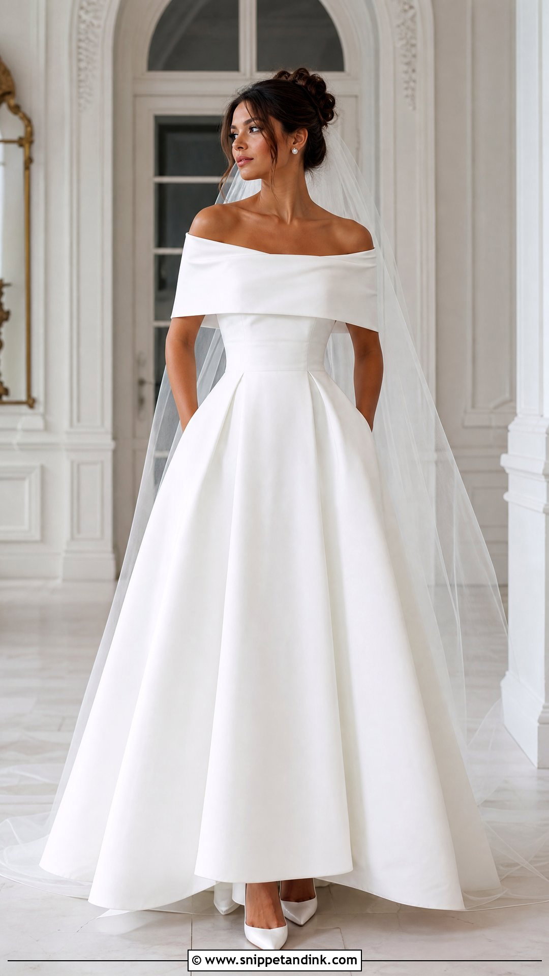 Solid White Off Shoulder Mikado Wedding Dress - Snippet and Ink - 20 Solid White Wedding Dress Ideas