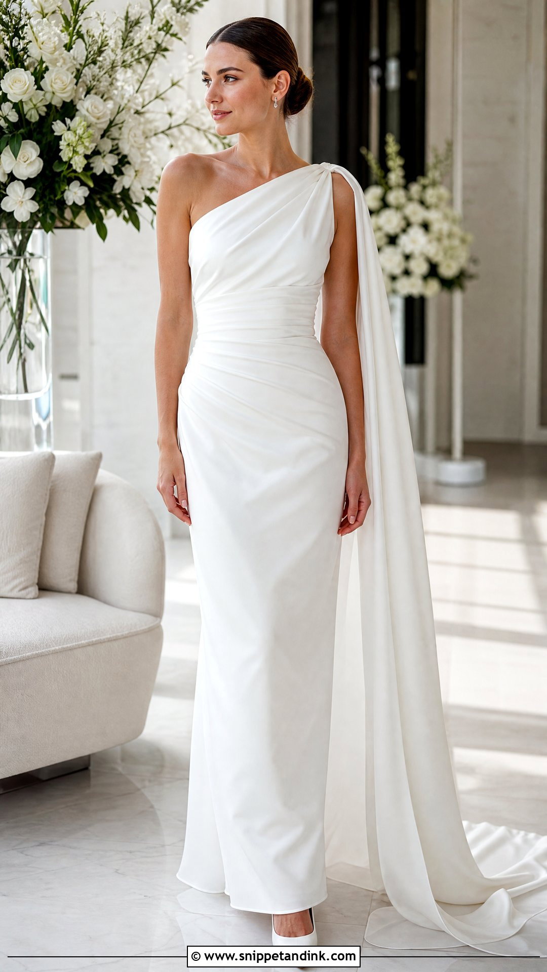 Solid White One Shoulder Draped Wedding Dress - Snippet and Ink - 20 Solid White Wedding Dress Ideas