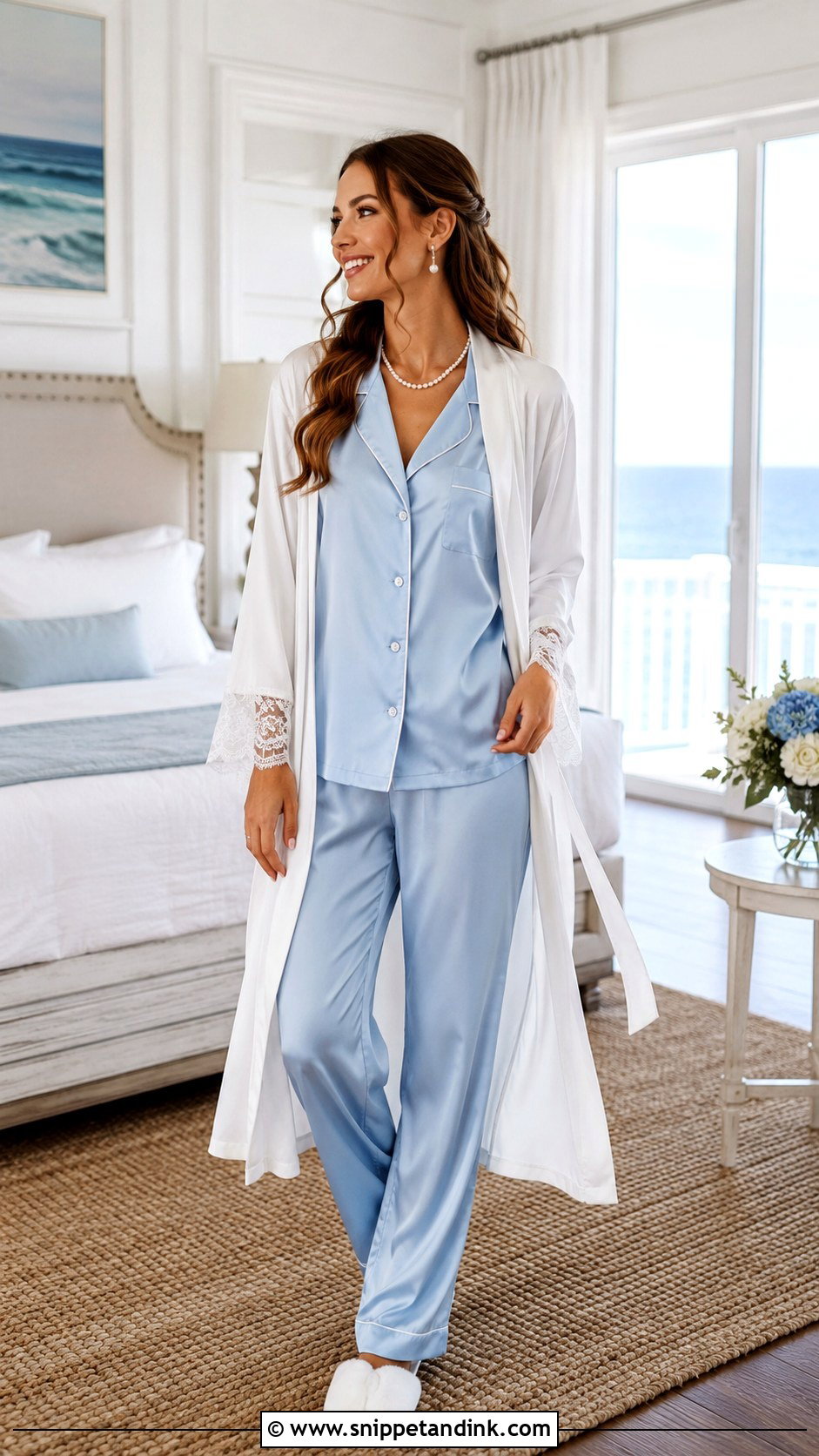 Something Blue Pajama Set With White Robe - Snippet and Ink - 30 Wedding Lingerie Night Outfit Ideas