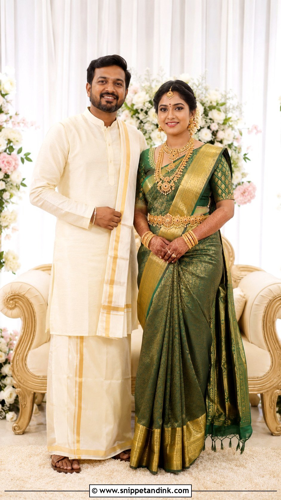 South Indian Silk Saree And Veshti Kurta - Snippet and Ink - 25 Indian Couple Ring Ceremony Dress Ideas