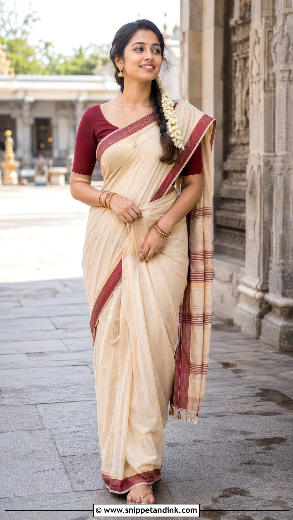 South Indian Temple Visit Saree Outfit - Snippet and Ink - 25 South Indian Attire Ideas