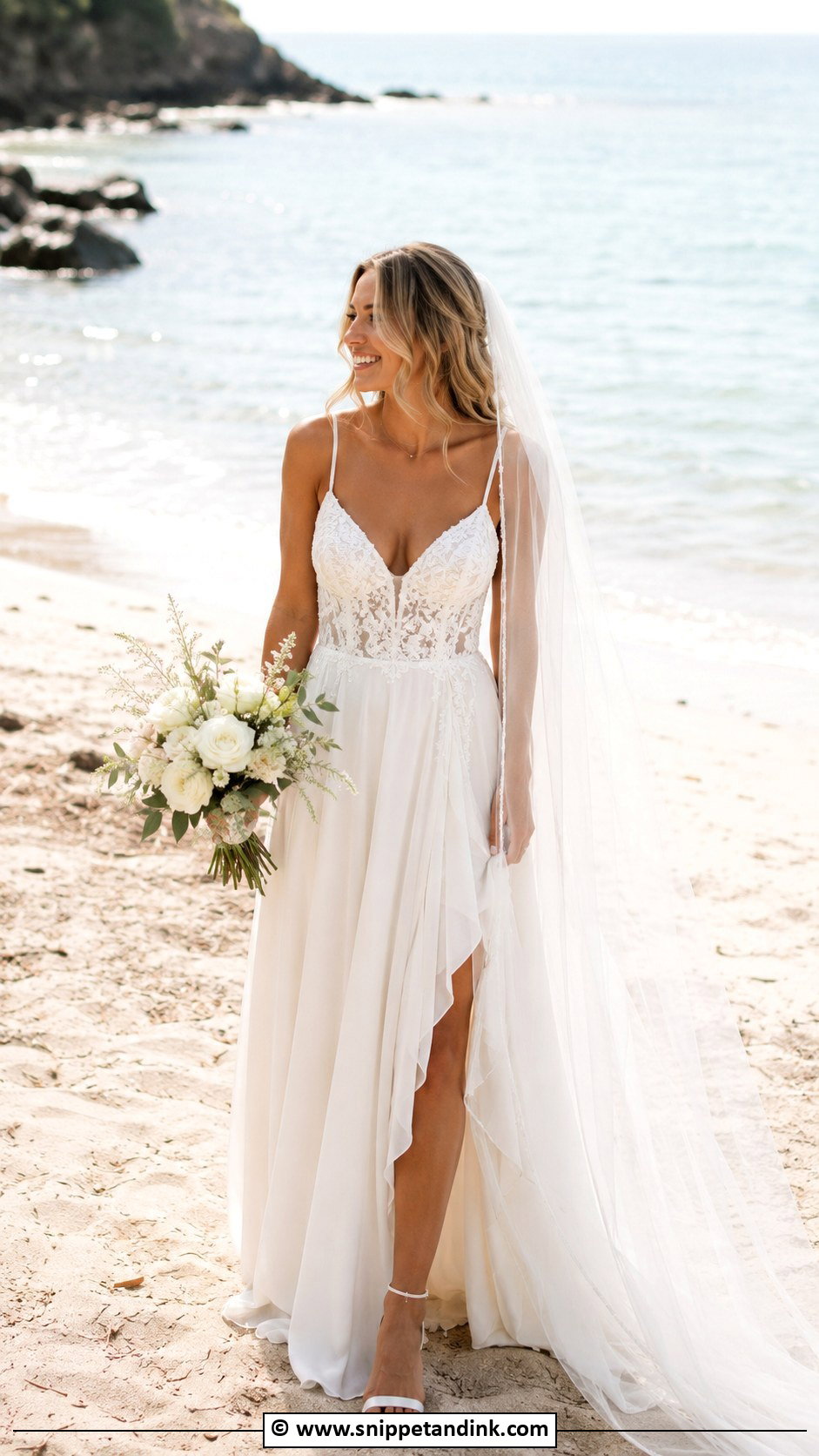 Spaghetti Strap Beach Bridal Dress With Sheer Veil - Snippet and Ink - 30 Beach Bridal Dresses