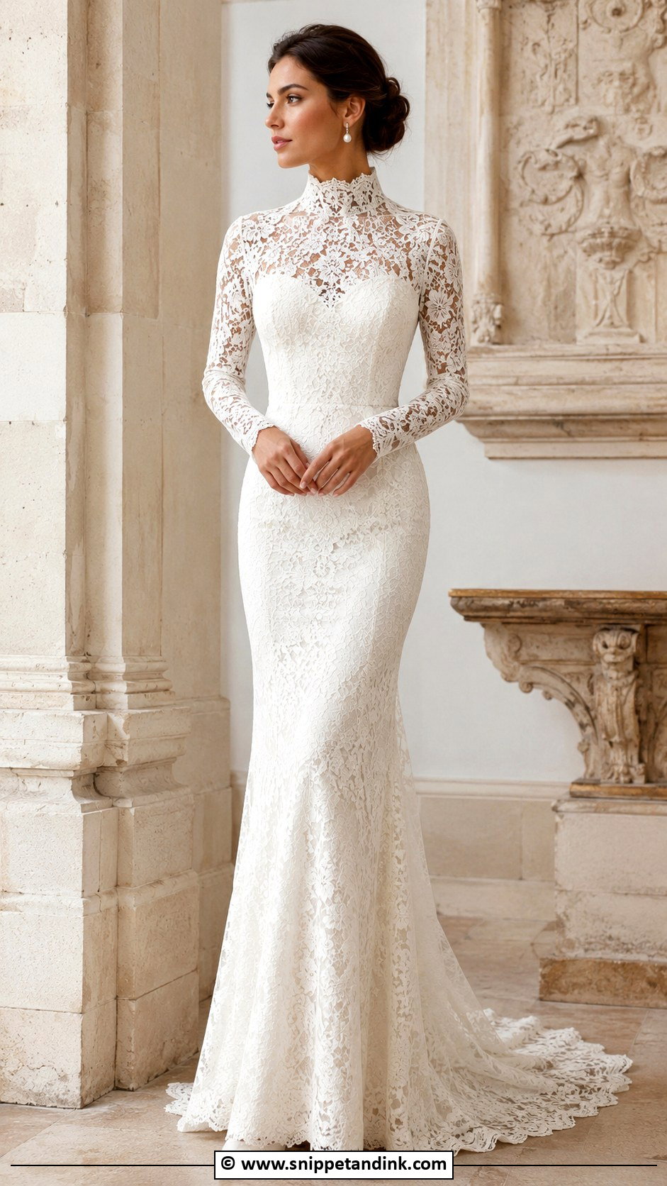Spanish High Neck Wedding Dress With Pearl Earrings - Snippet and Ink - 30 Spanish Wedding Dress Ideas