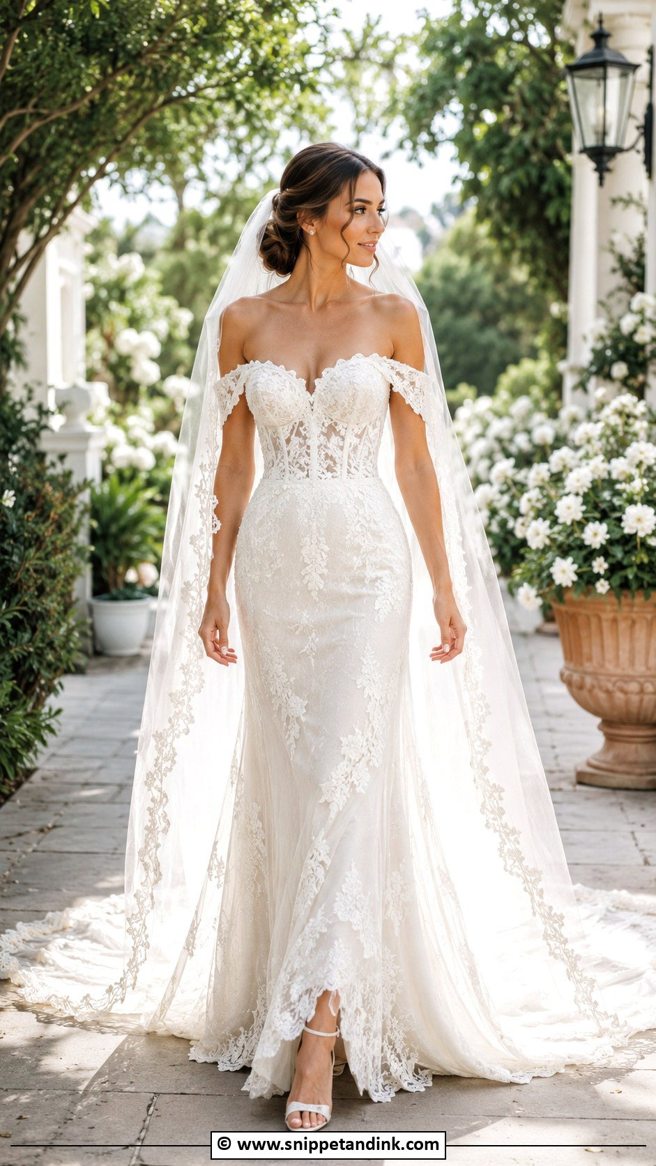 Spanish Off Shoulder Wedding Dress With Cathedral Veil - Snippet and Ink - 30 Spanish Wedding Dress Ideas