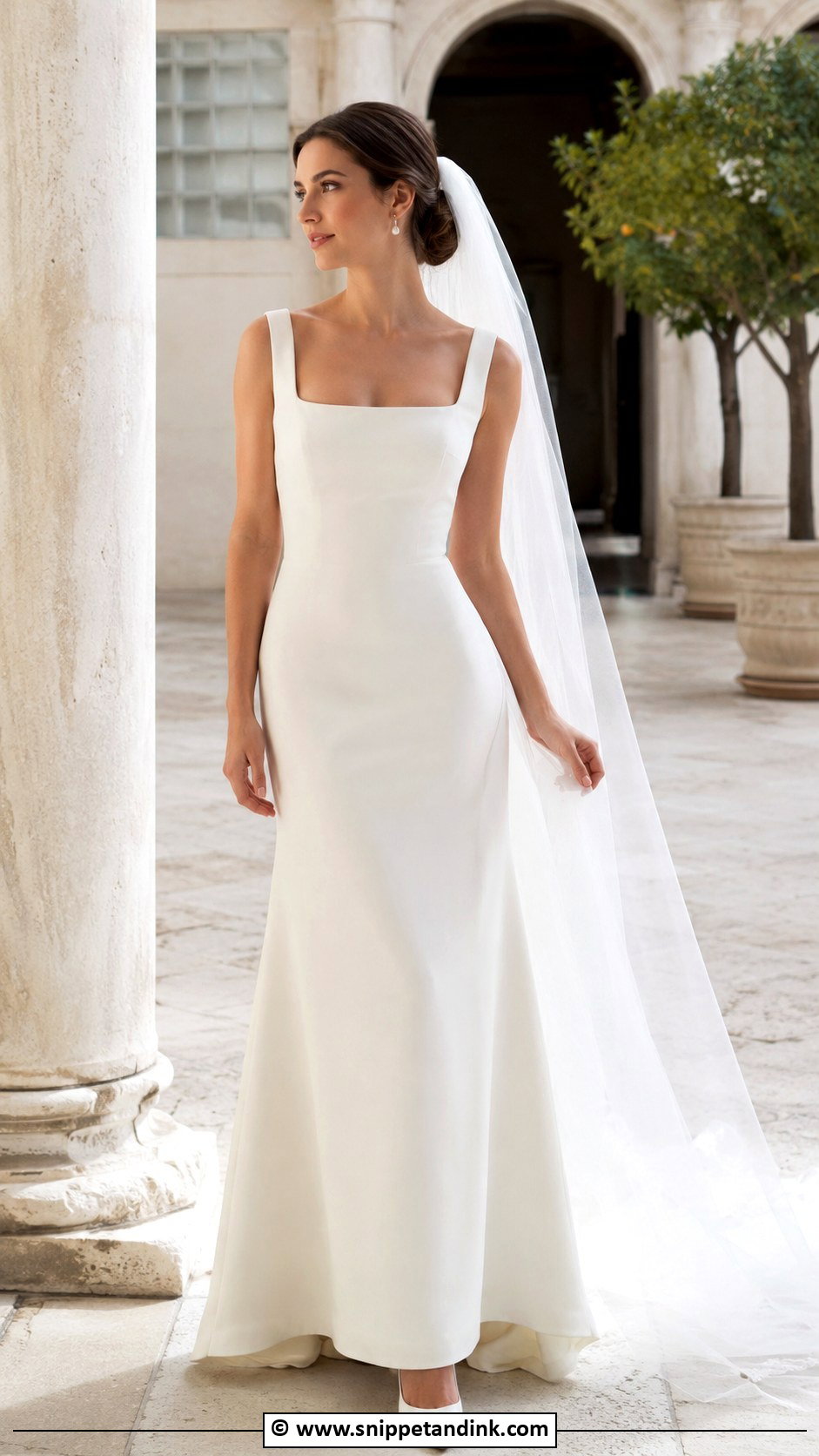 Spanish Square Neck Wedding Dress With Long Veil - Snippet and Ink - 30 Spanish Wedding Dress Ideas