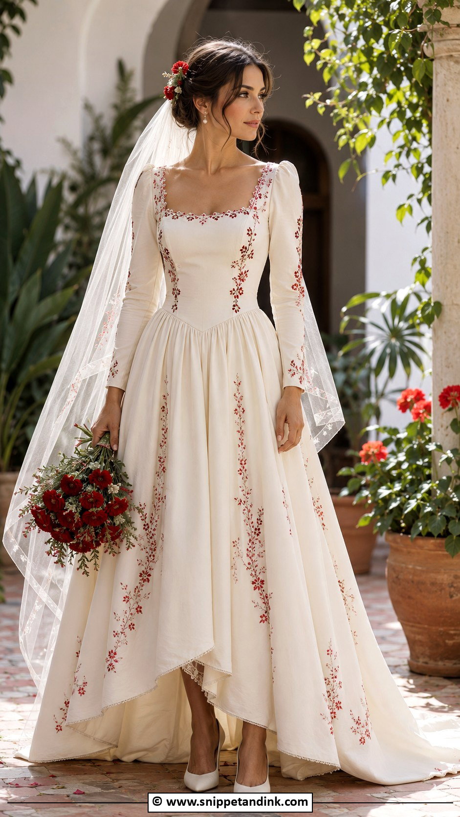 Spanish Wedding Dress With Red Floral Detail - Snippet and Ink - 30 Spanish Wedding Dress Ideas