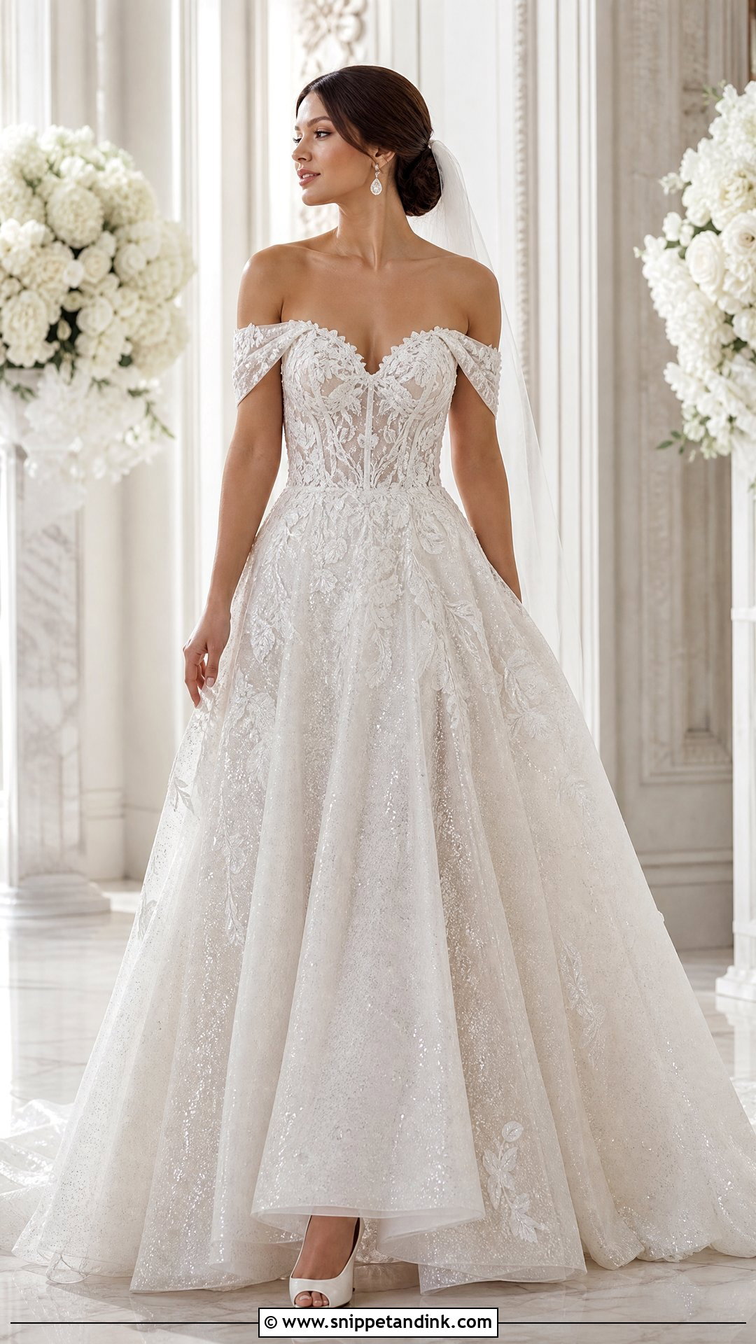 Sparkly Lace Off The Shoulder Wedding Dress - Snippet and Ink - 20 Sparkly Lace Wedding Dress Ideas