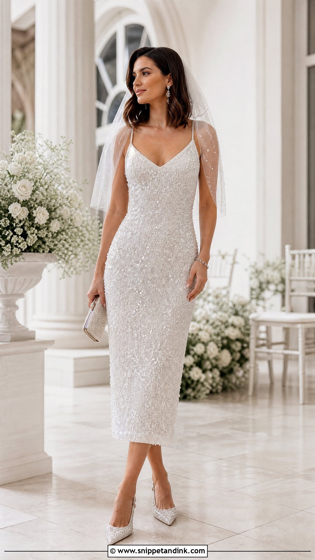 Sparkly Midi Wedding Dress With Slingback Heels - Snippet and Ink - 20 Short Sparkly Wedding Dress Ideas