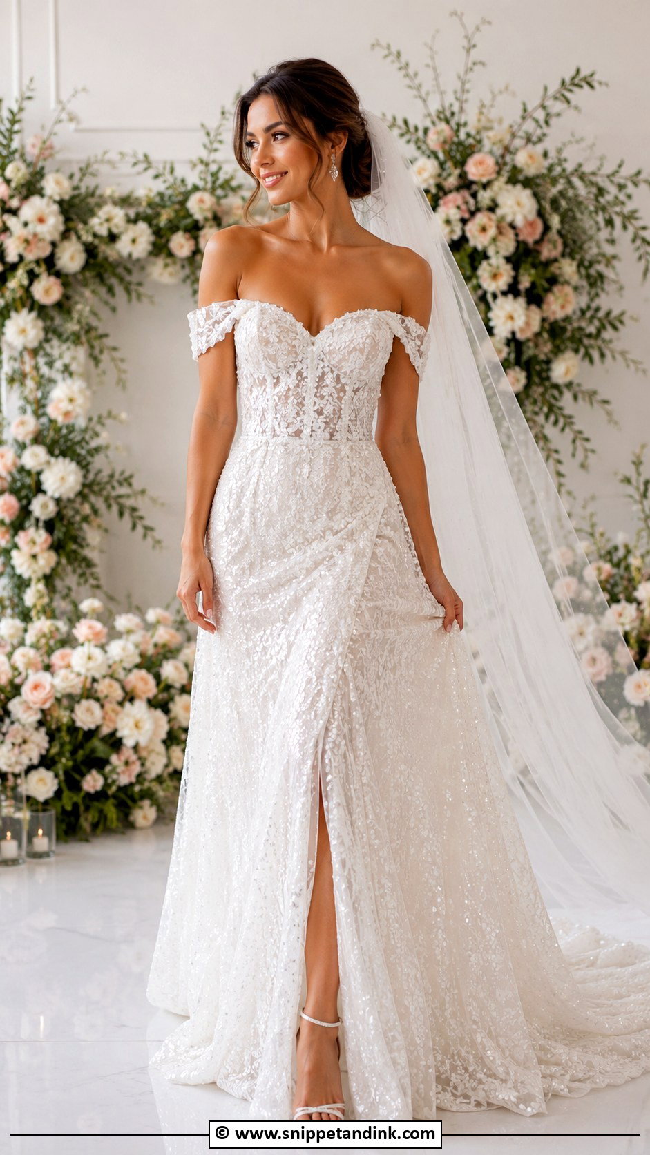 Sparkly Off Shoulder Wedding Dress - Snippet and Ink - 30 Sparkly Wedding Dress Ideas