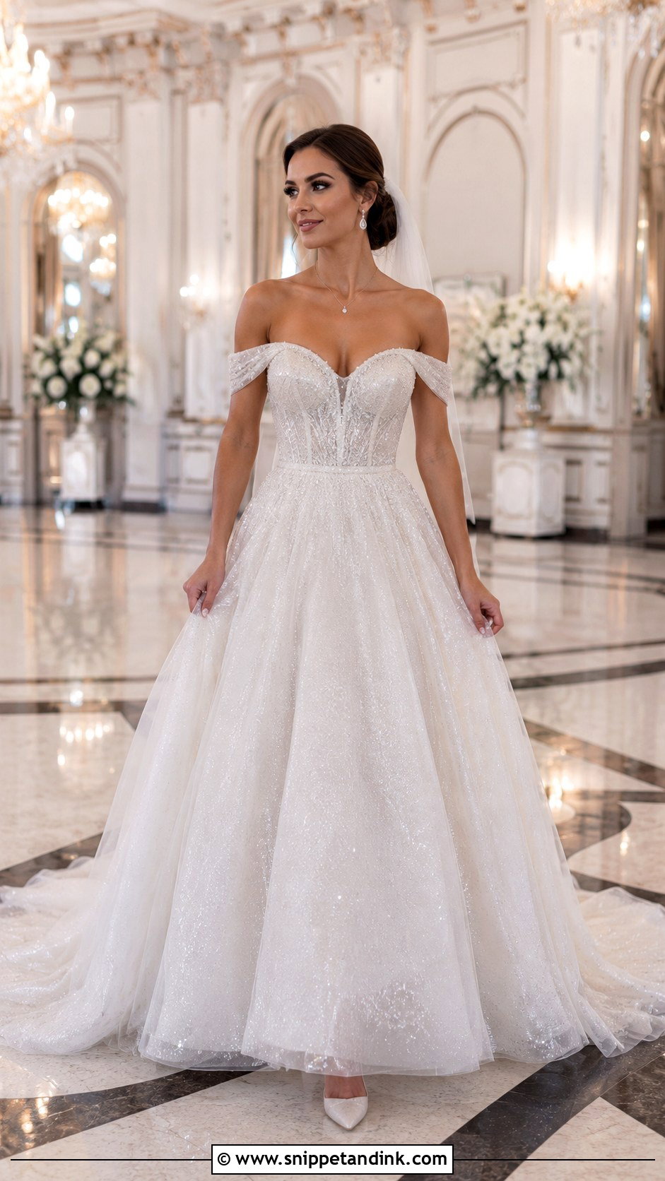 Sparkly Off Shoulder Wedding Dress - Snippet and Ink - 20 Shiny Wedding Dress Ideas