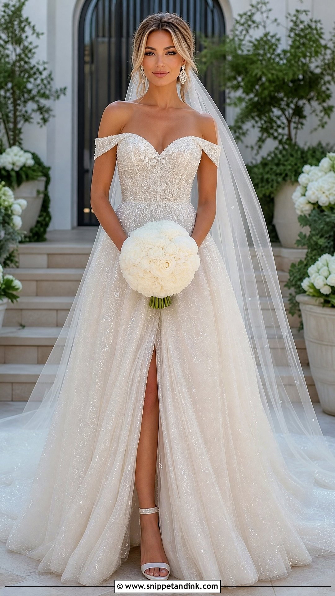 Sparkly Off Shoulder Wedding Dress - Snippet and Ink - 20 Sparkly Glitter Wedding Dresses