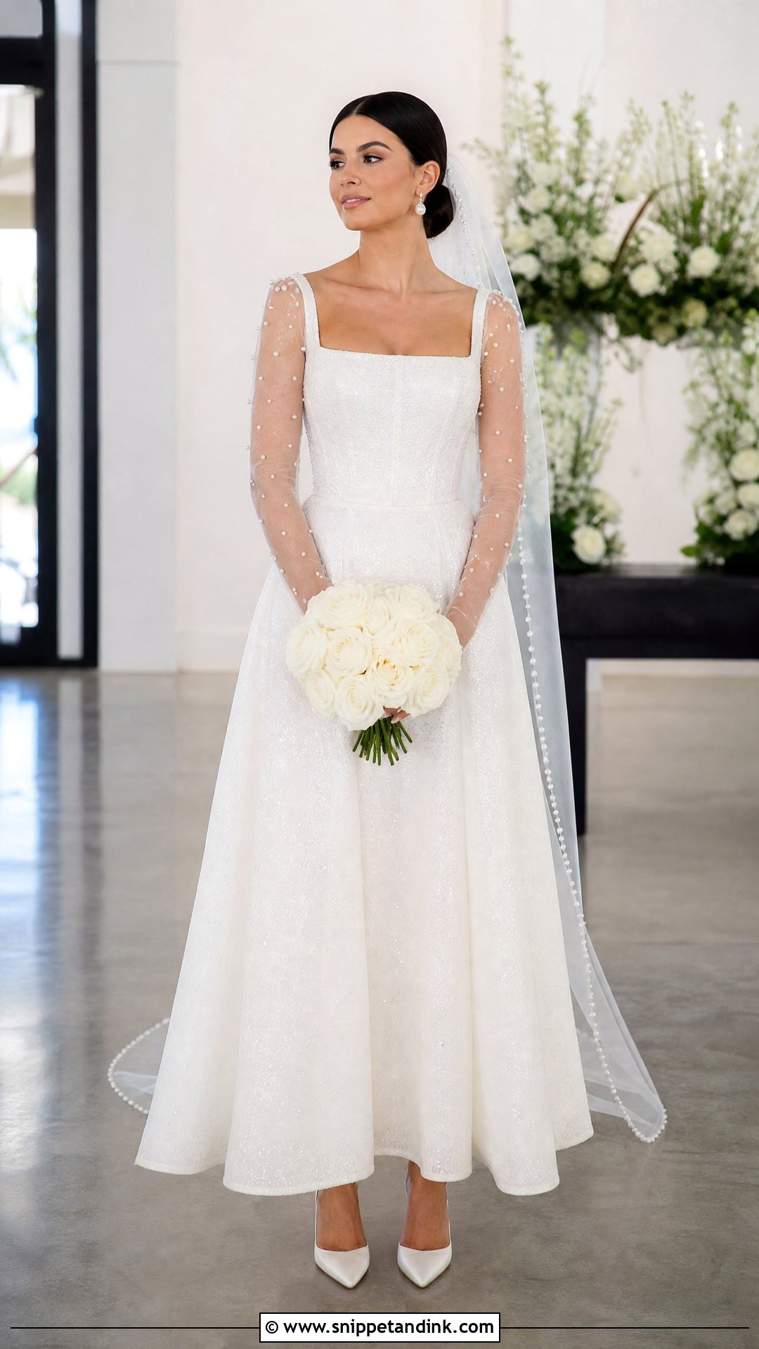 Sparkly Square Neck Wedding Dress With Pearl Sleeves - Snippet and Ink - 20 Sparkly Wedding Dress with Sleeves