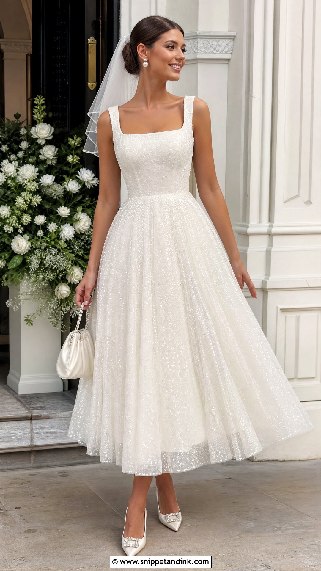 Sparkly Tea Length Wedding Dress With Pumps - Snippet and Ink - 20 Short Sparkly Wedding Dress Ideas