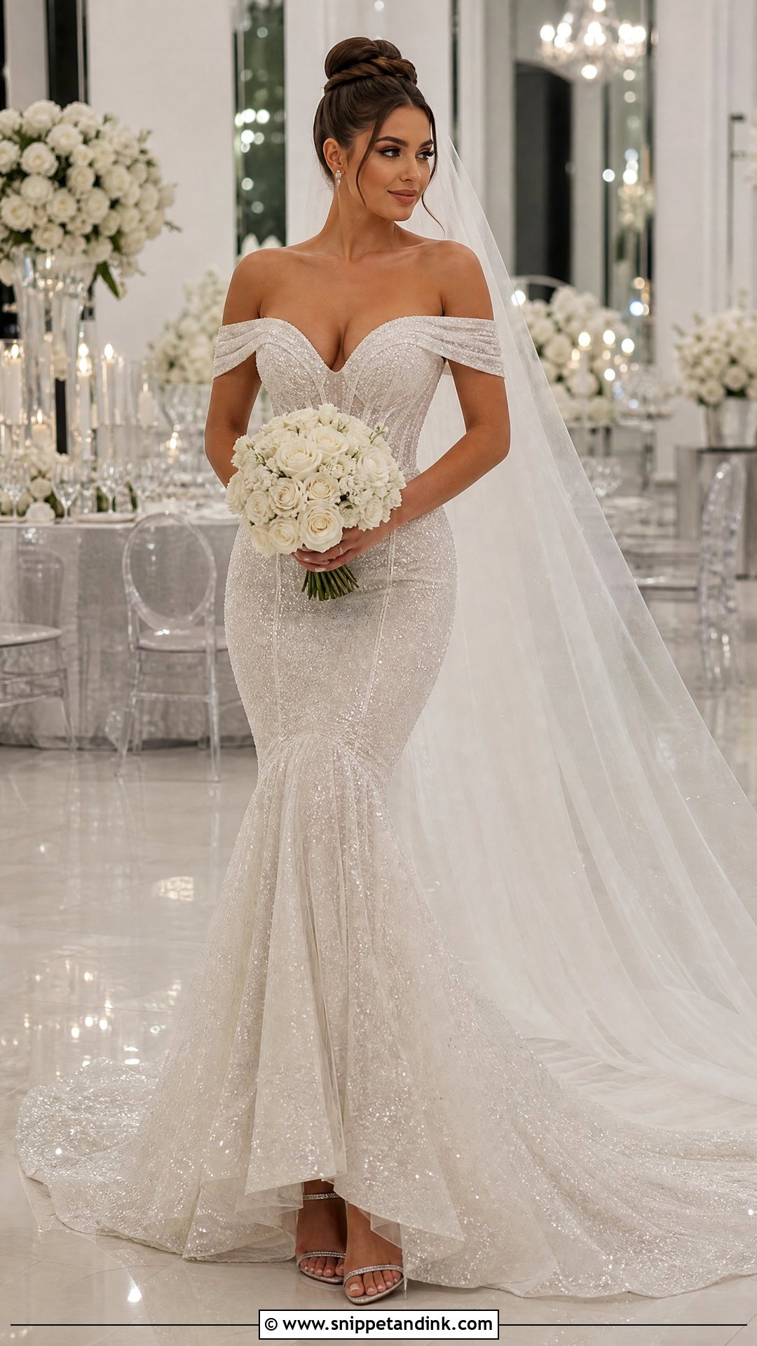 Sparkly Tulle Off the Shoulder Mermaid Wedding Dress - Snippet and Ink - 20 Off the Shoulder Mermaid Wedding Dress Ideas