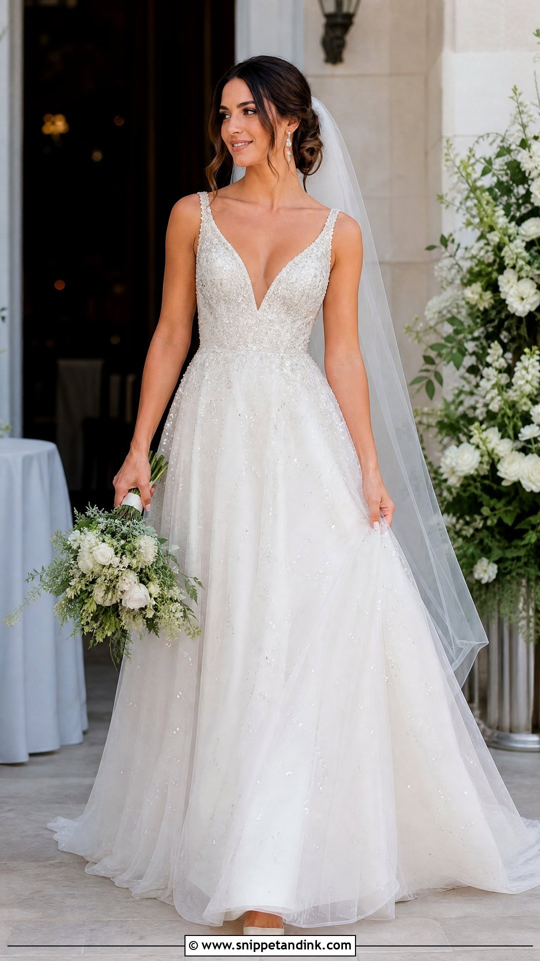 Sparkly V Neck Wedding Dress - Snippet and Ink - 20 Sparkly Glitter Wedding Dresses