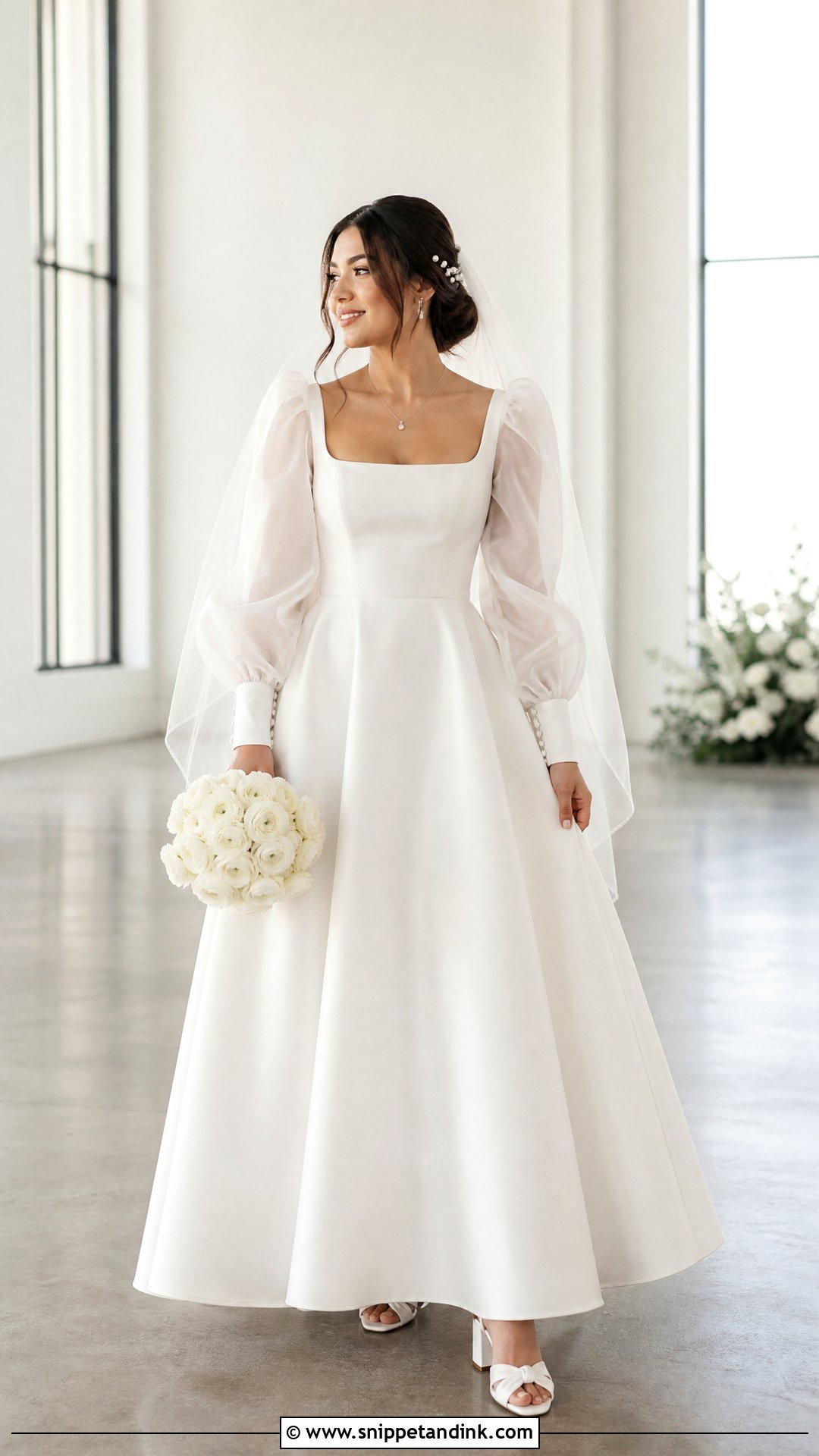 Square Neck A Line Wedding Dress With Puff Sleeves - Snippet and Ink - 25 Aline Wedding Dress with Sleeves