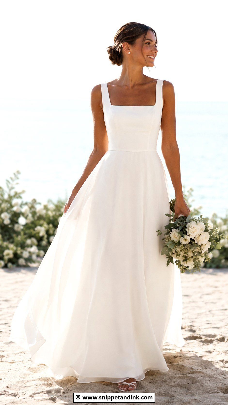 Square Neck Beach Bridal Dress With Low Bun - Snippet and Ink - 30 Beach Bridal Dresses