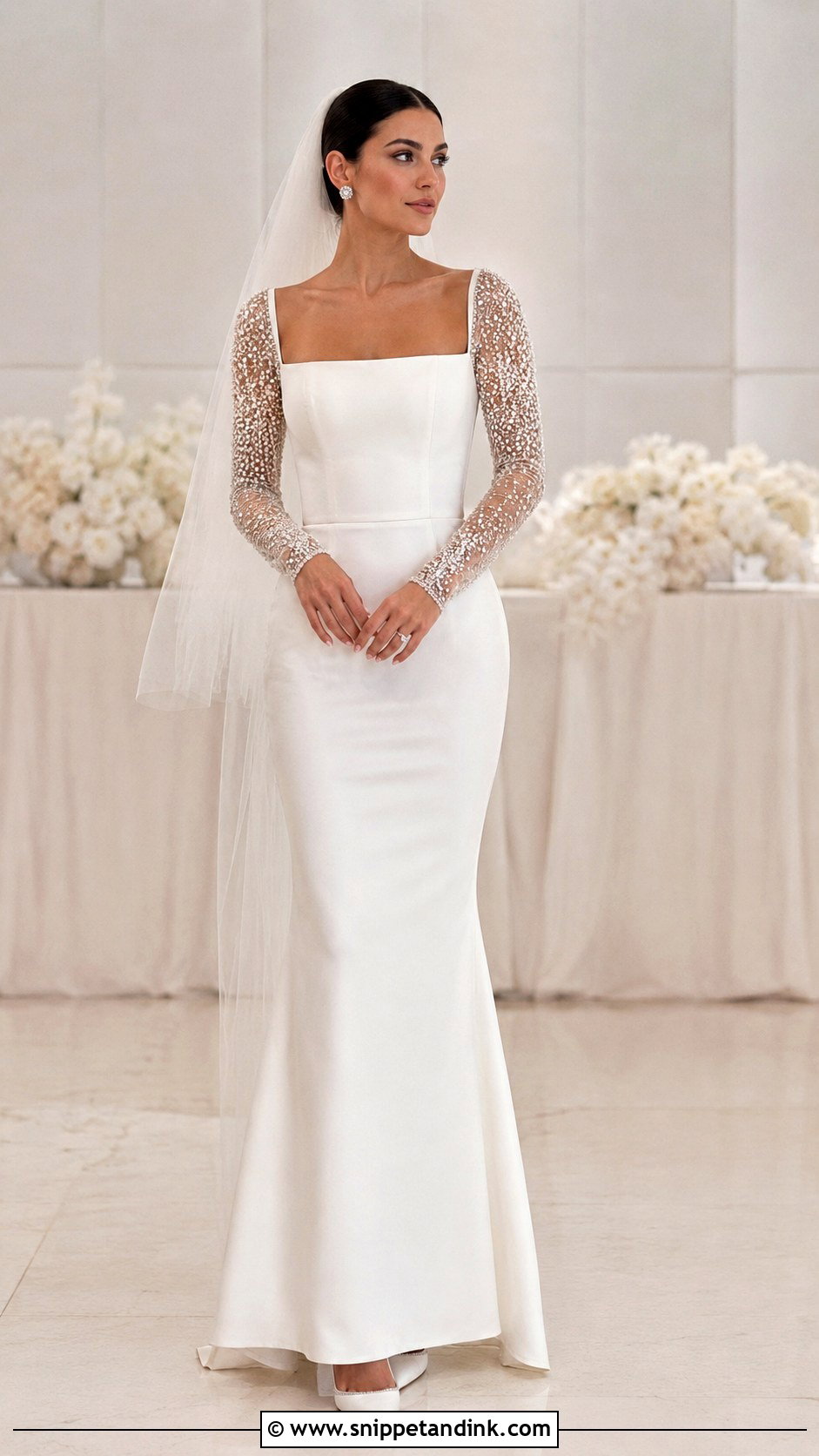 Square Neck Beaded Sleeve Wedding Dress - Snippet and Ink - 25 Square Neck Wedding Dress with Sleeves