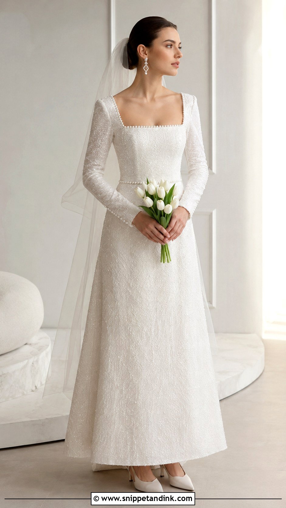 Square Neck Beaded Wedding Dress With Fitted Sleeves - Snippet and Ink - 20 Long Sleeve Beaded Wedding Dress Ideas