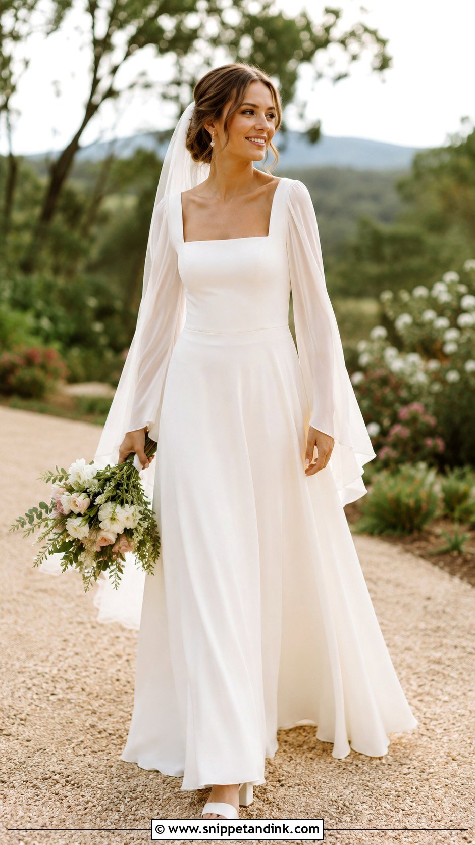 Square Neck Bell Sleeve Wedding Dress - Snippet and Ink - 25 Square Neck Wedding Dress with Sleeves