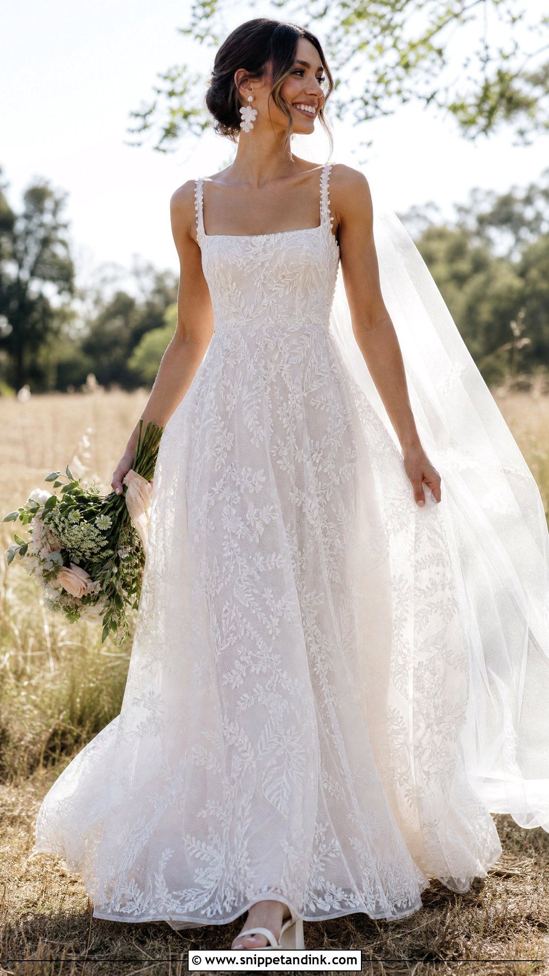 Square Neck Boho Lace Wedding Dress - Snippet and Ink - 20 Square Wedding Dress Ideas
