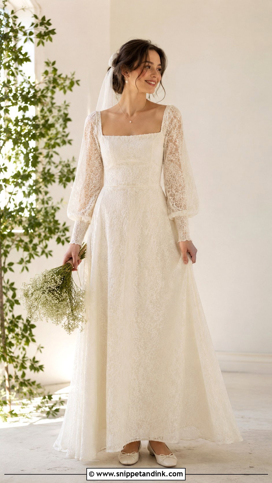 Square Neck Boho Long Sleeve Wedding Dress - Snippet and Ink - 20 Boho Long Sleeve Wedding Dress Ideas