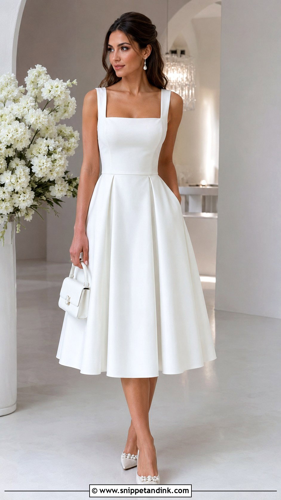 Square Neck Bridal Cocktail Dress With Pearl Pumps - Snippet and Ink - 20 Bridal Cocktail Dress Ideas