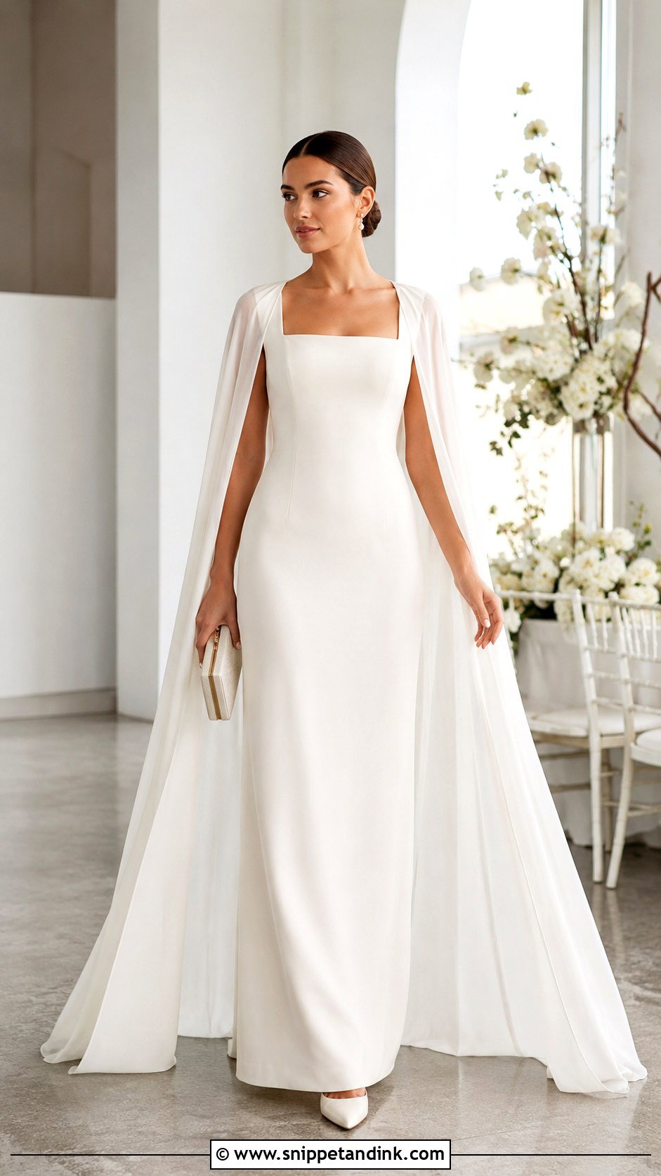 Square Neck Bridal Dress With Cape - Snippet and Ink - 20 Fall Bridal Outfits