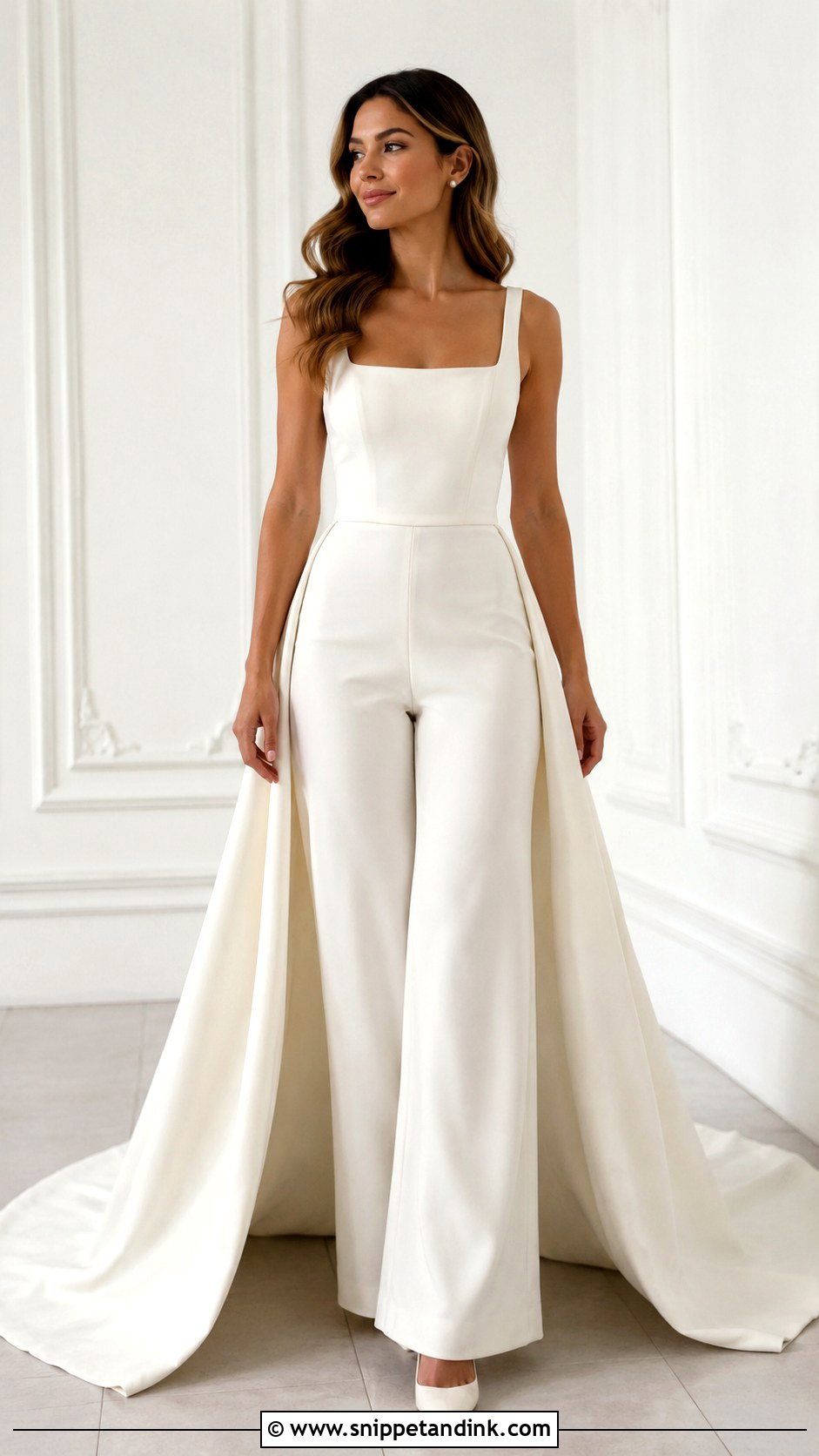 Square Neck Bridal Jumpsuit With Train - Snippet and Ink - 25 Bridal Jumpsuit with Train Ideas
