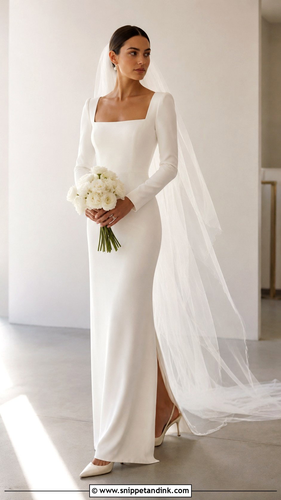Square Neck Column Long Sleeve Wedding Dress - Snippet and Ink - 20 Long Sleeve Minimalist Wedding Dress Ideas