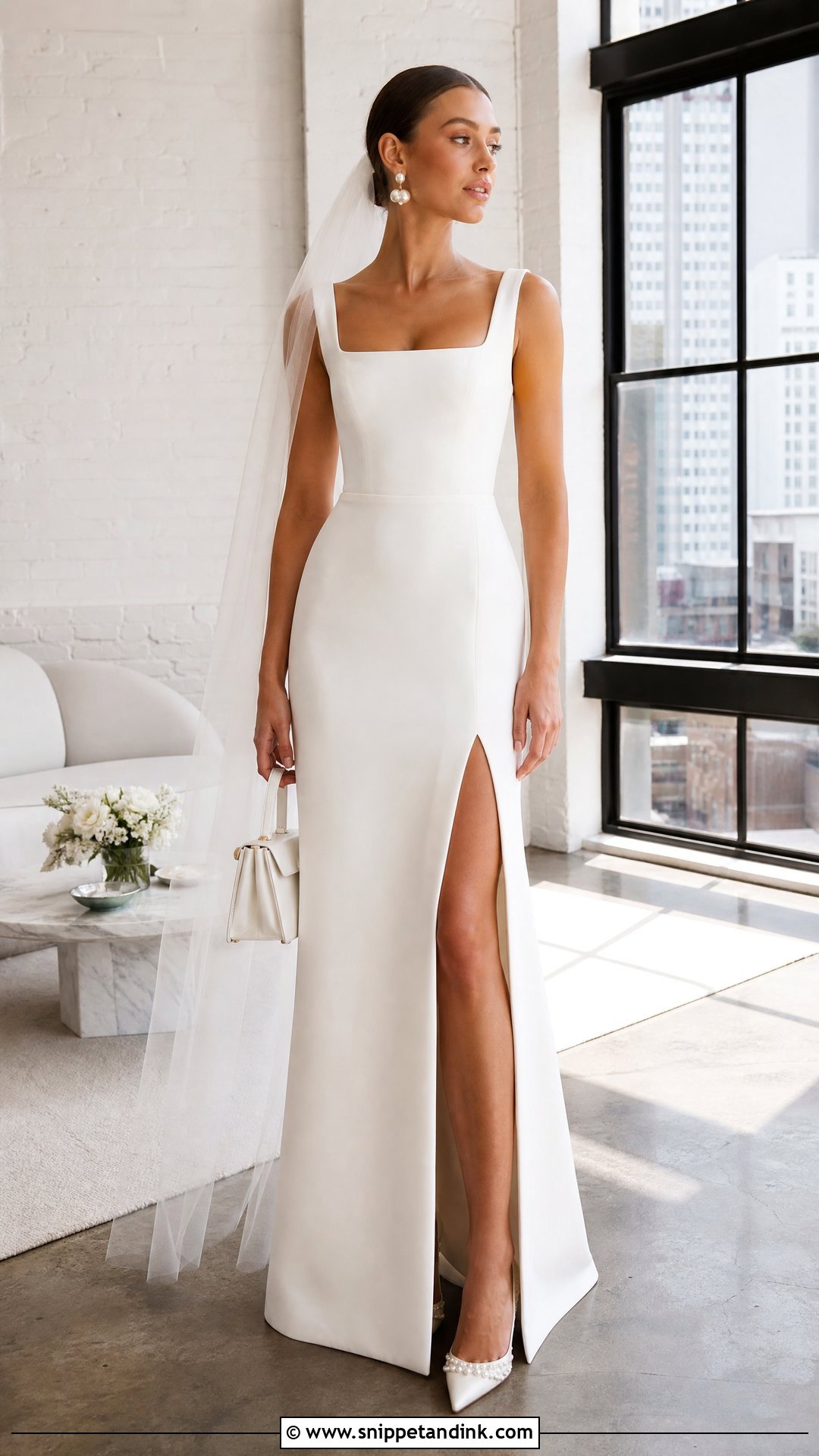 Square Neck Column Split Wedding Dress - Snippet and Ink - 20 Split Wedding Dress Ideas