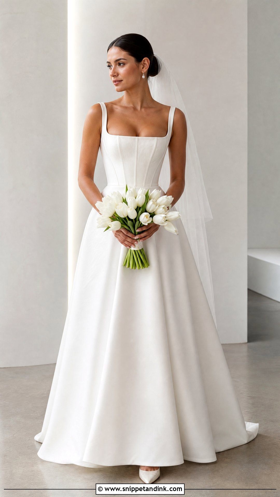 Square Neck Corset Wedding Dress With Low Bun - Snippet and Ink - 20 Timeless Corset Wedding Dress Ideas