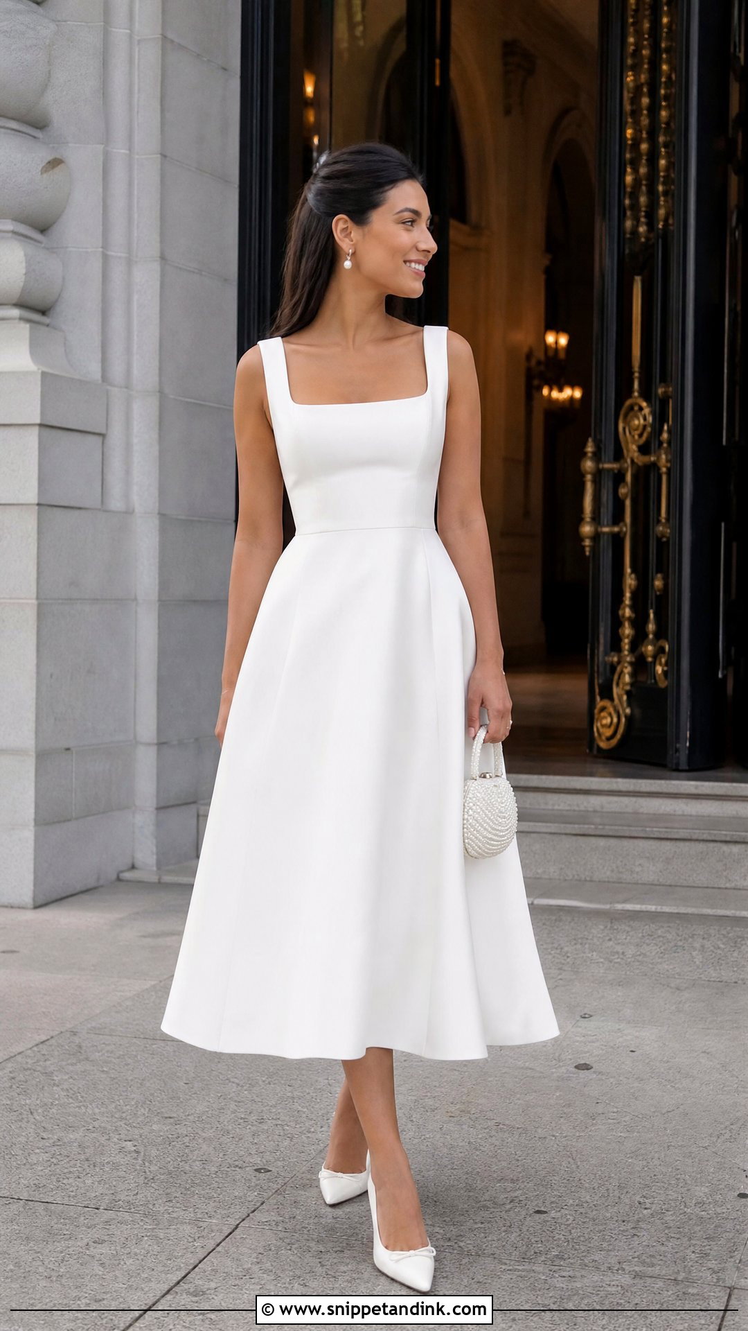 Square Neck Courthouse Wedding Dress With Pearl Accessories - Snippet and Ink - 20 Casual Courthouse Wedding Dress Ideas