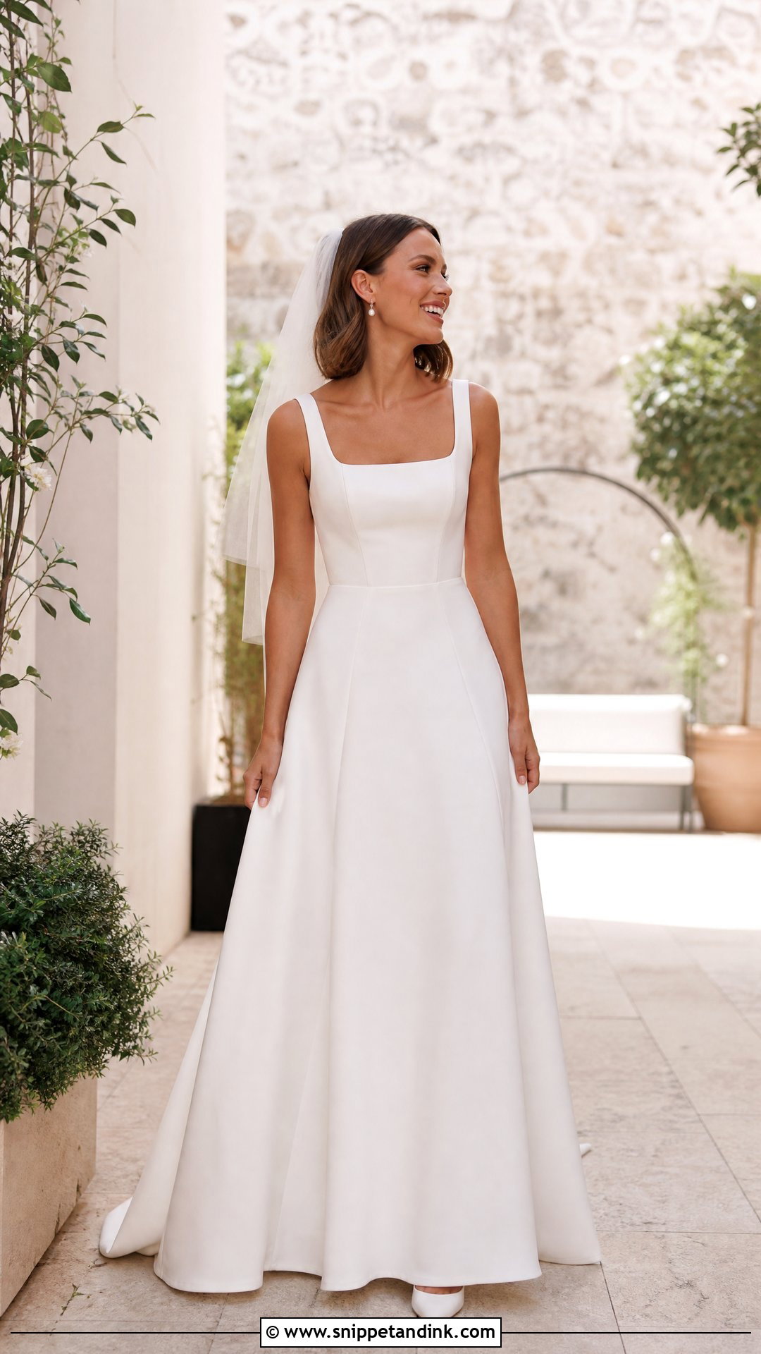 Square Neck Crepe A Line Wedding Dress - Snippet and Ink - 20 No Lace Wedding Dresses