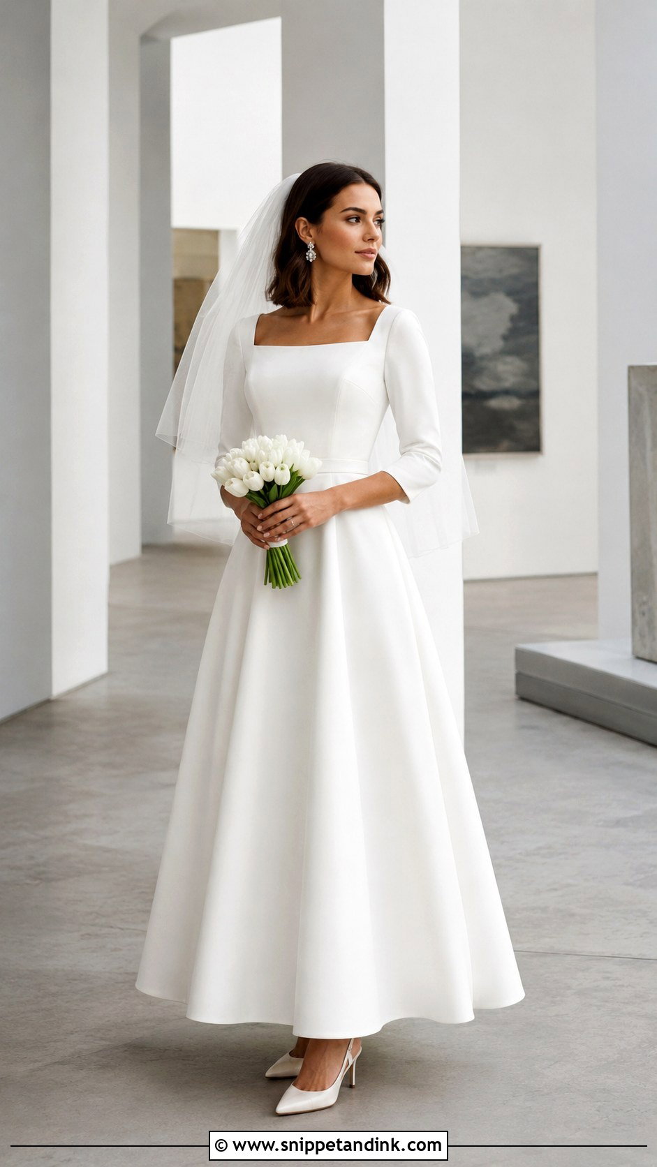 Square Neck Crepe A Line Wedding Dress - Snippet and Ink - 20 Modest a Line Wedding Dress Ideas