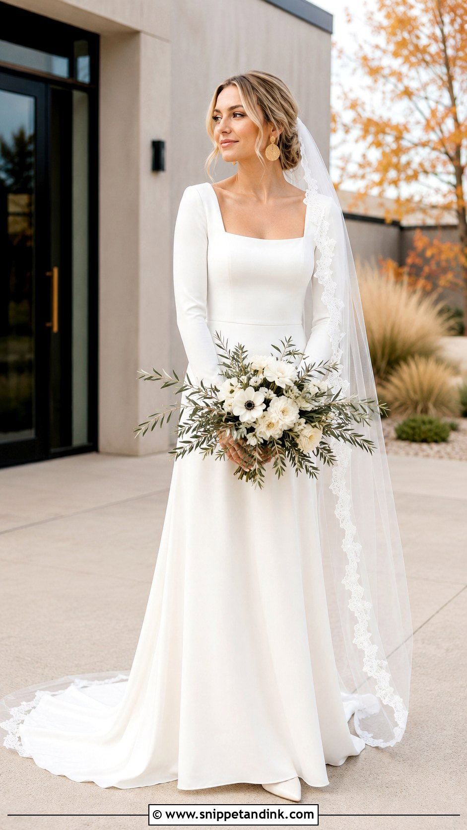 Square Neck Crepe Boho Wedding Dress - Snippet and Ink - 20 Boho Fall Wedding Dress Ideas