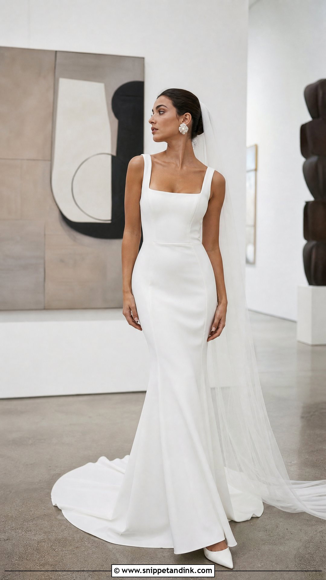 Square Neck Crepe Fit And Flare Wedding Dress - Snippet and Ink - 20 Square Wedding Dress Ideas