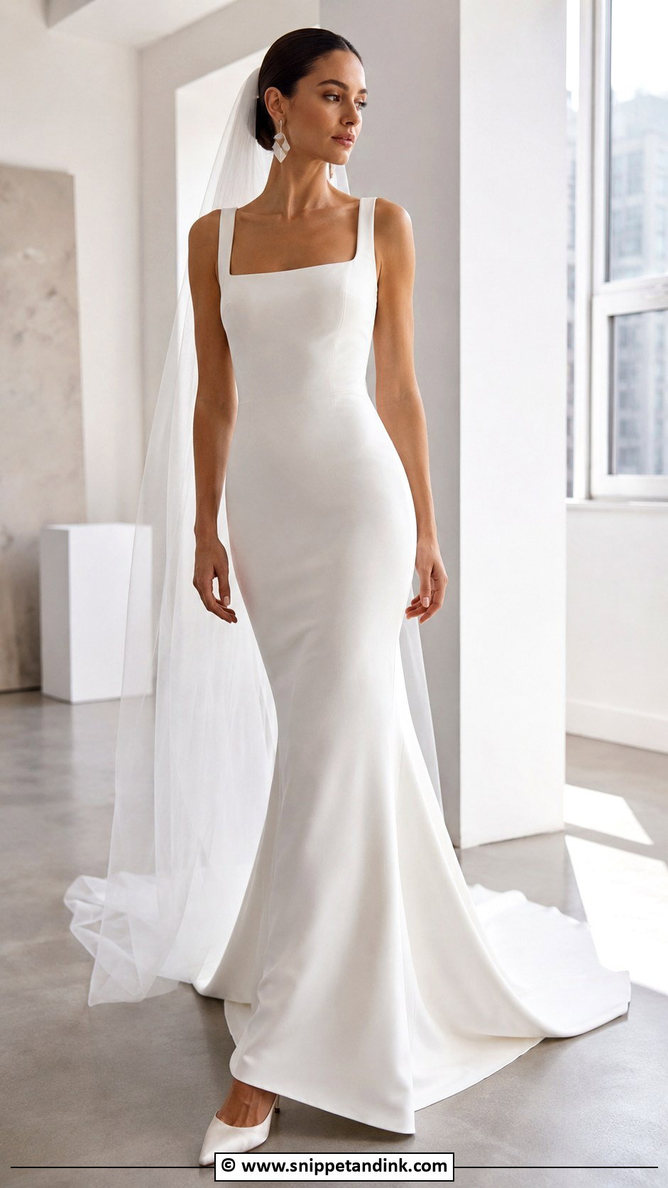 Square Neck Crepe Fit And Flare Wedding Dress - Snippet and Ink - 35 Square Neck Wedding Dress Ideas