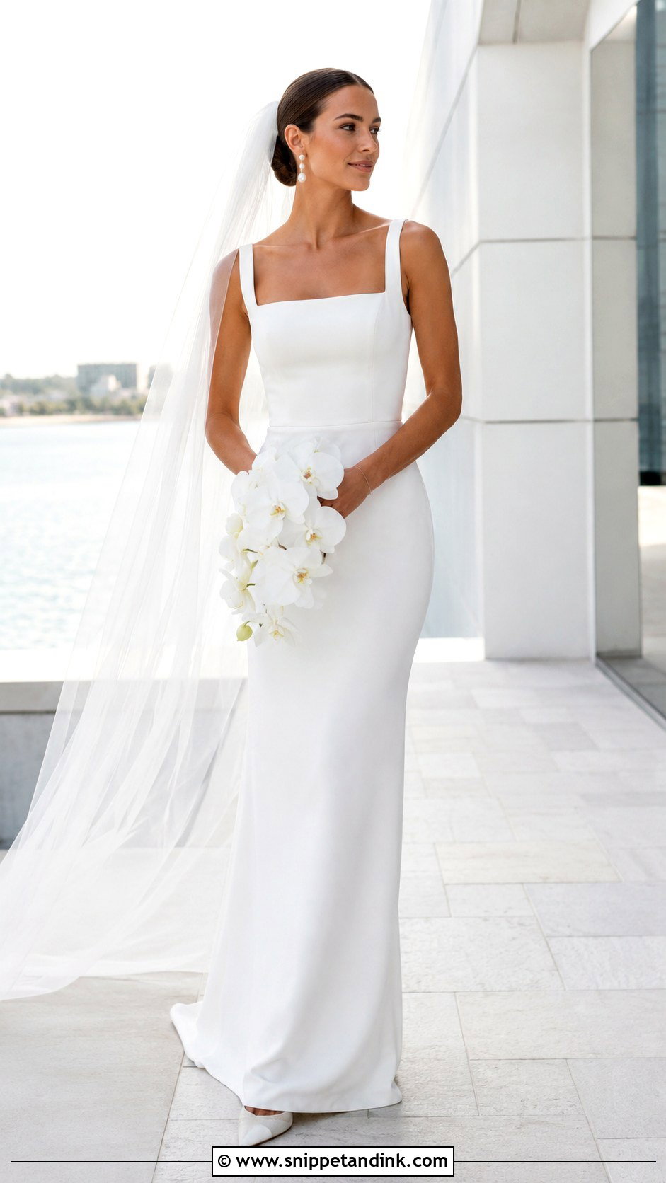 Square Neck Crepe Lake Wedding Dress - Snippet and Ink - 20 Lake Wedding Dress Ideas