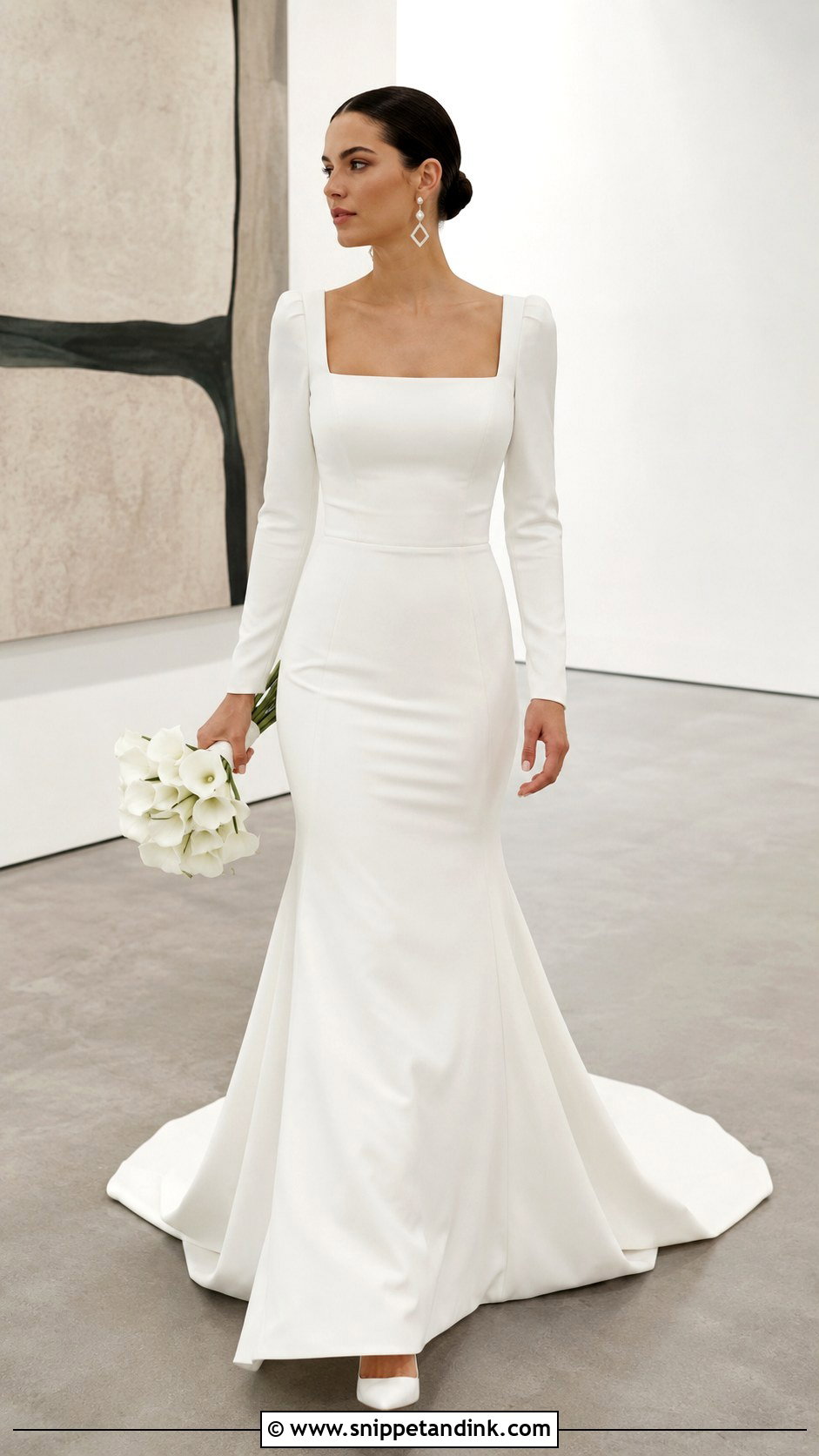 Square Neck Crepe Long Sleeve Bridal Gown - Snippet and Ink - 20 Long Sleeve Bridal Gown Ideas
