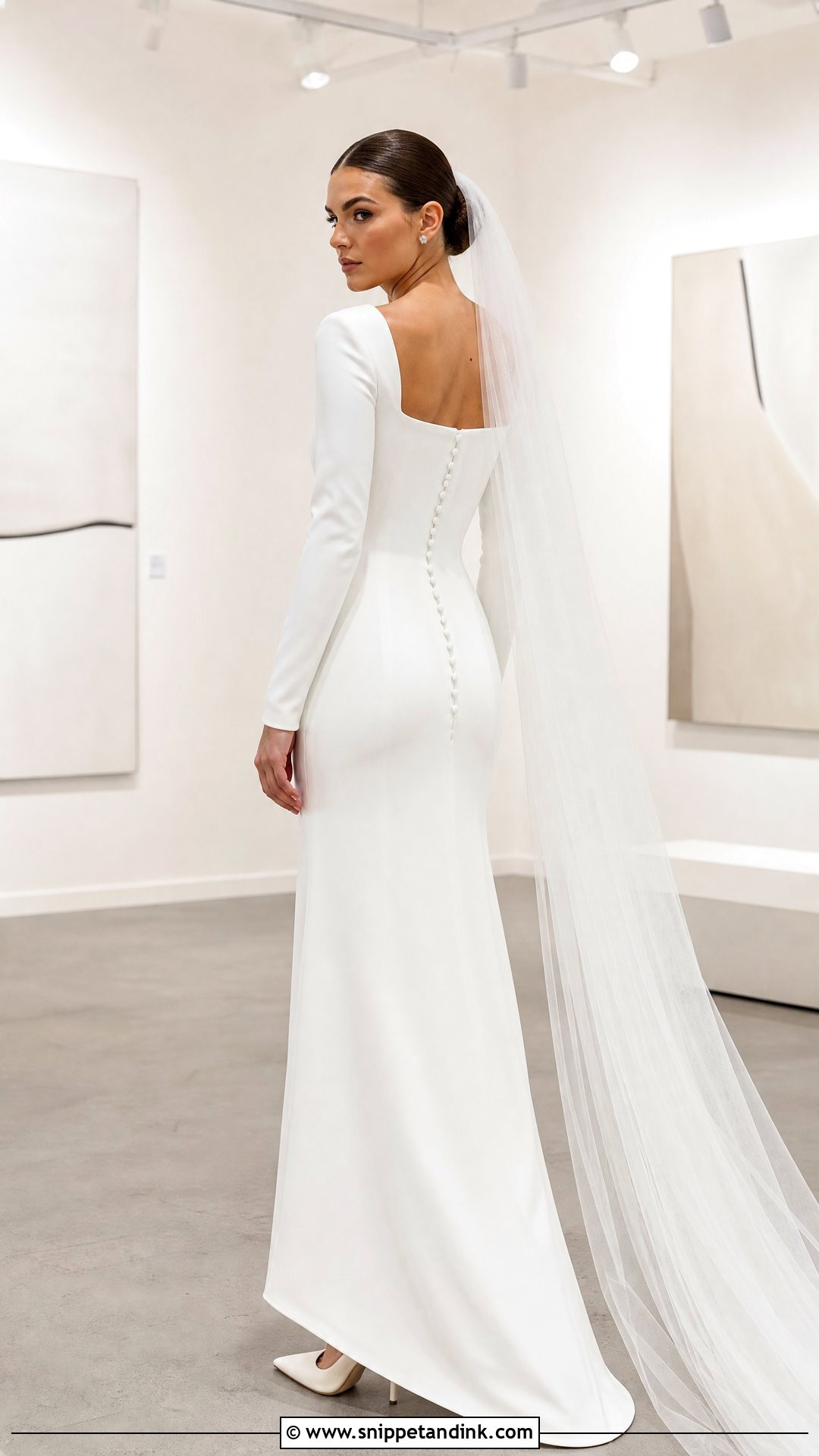 Square Neck Crepe Long Sleeve Wedding Dress - Snippet and Ink - 20 Unique Wedding Dresses with Sleeves