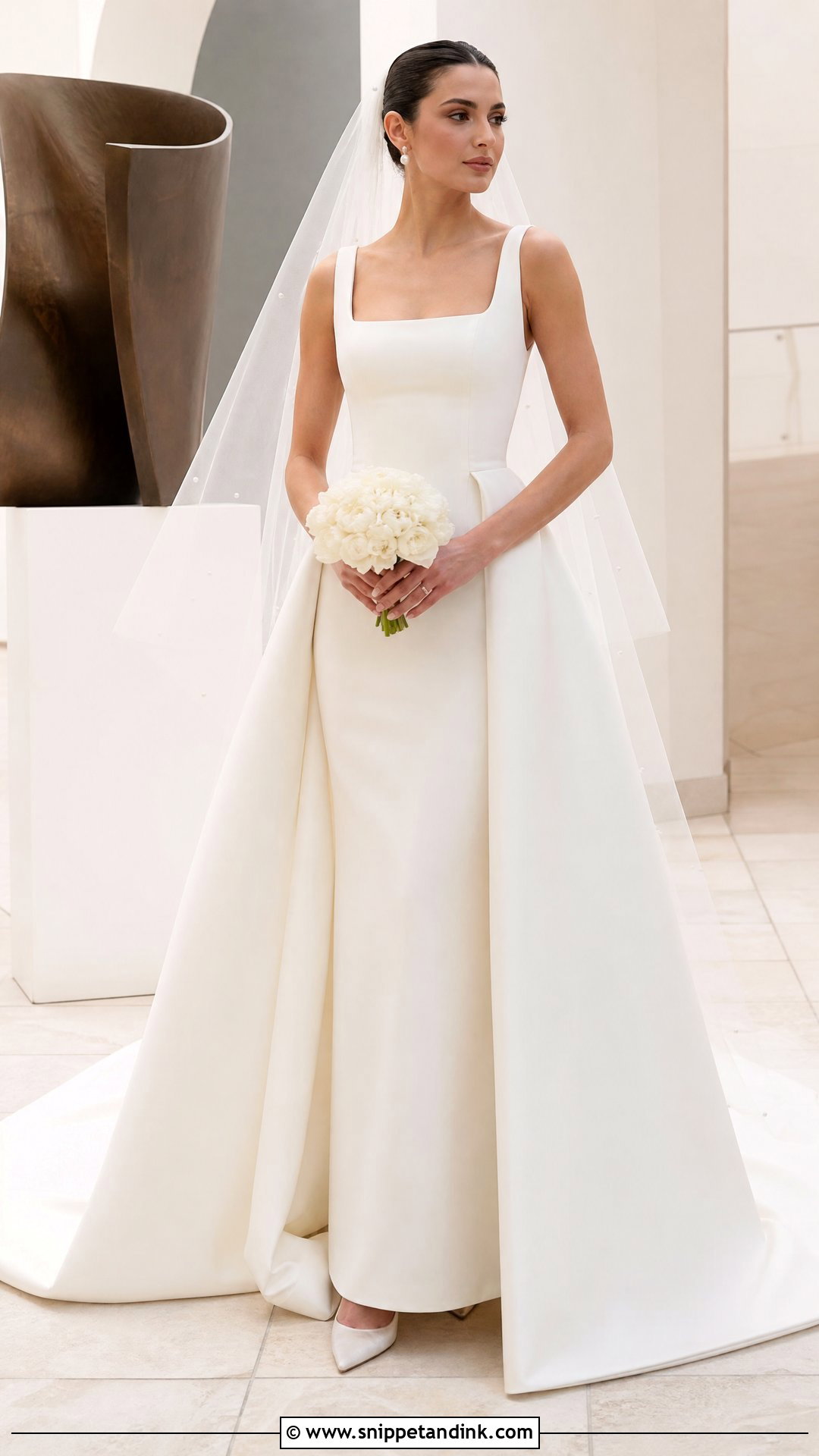 Square Neck Crepe Wedding Dress With Detachable Train - Snippet and Ink - 20 Wedding Dress Detachable Skirt Ideas