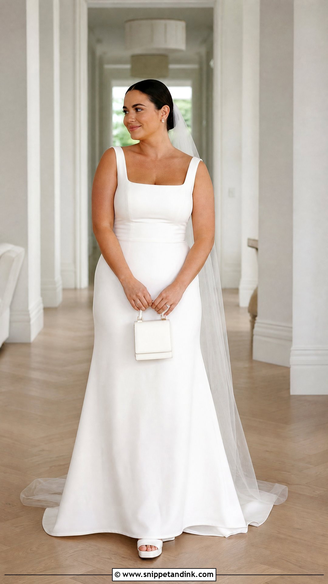 Square Neck Crepe Wedding Dress With Low Heels - Snippet and Ink - 20 Sleek Wedding Dresses