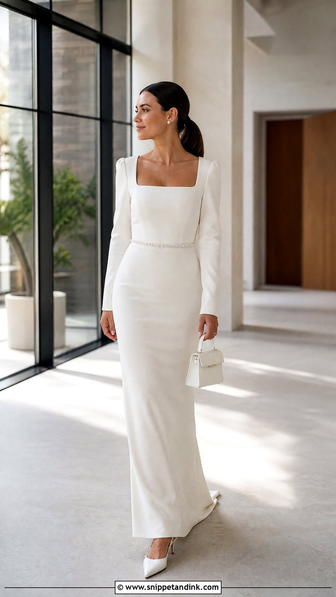 Square Neck Crepe Wedding Dress With Sleeves - Snippet and Ink - 20 Tight Wedding Dress with Sleeves