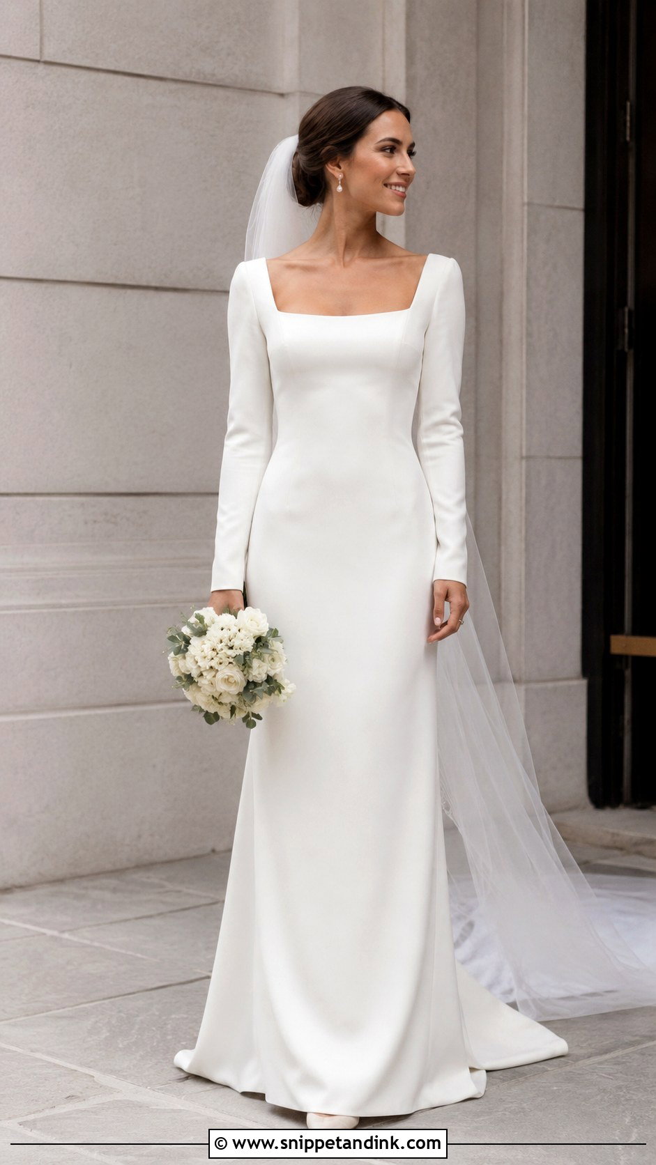 Square Neck Crepe Wedding Dress With Sleeves - Snippet and Ink - 25 Square Neck Wedding Dress with Sleeves