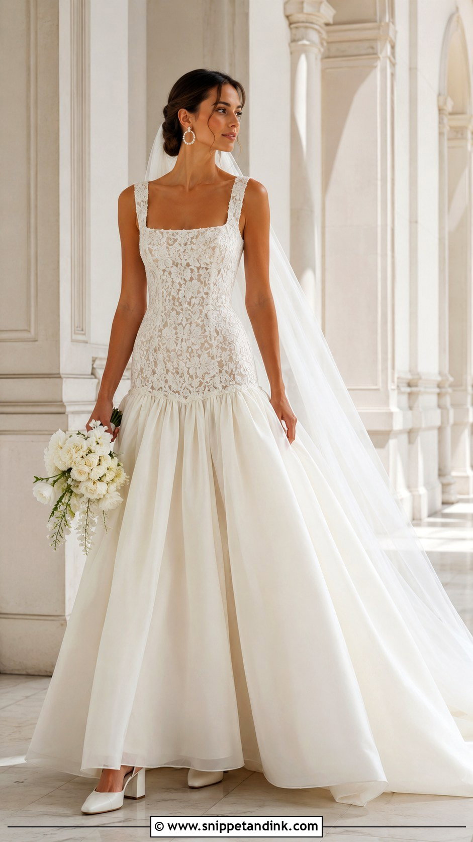 Square Neck Drop Waist Lace Wedding Dress - Snippet and Ink - 20 Drop Waist Lace Wedding Dress Ideas