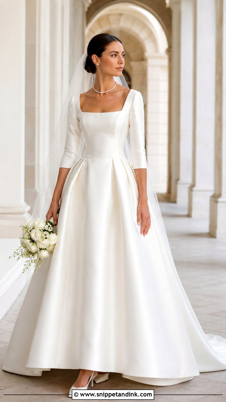 Square Neck Drop Waist Wedding Dress With Three Quarter Sleeves - Snippet and Ink - 20 Drop Waist Wedding Dress with Sleeves